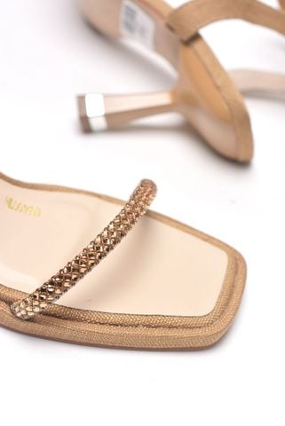 Giày Đi Tiệc Sandal Cao Gót Quai Ngang Đính Đá Đế Đúp 7cm Mũi Vuông, Giày Xăng Đan Cao Gót Big Size Merly 1600 Nâu Vintage