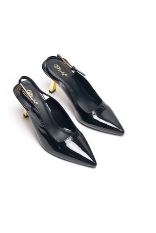 Giày Cao Gót Đi Tiệc Đen Mũi Nhọn Slingback Gót Mạ Vàng Cao 7cm, Giày Cao Gót Big Size Thương Hiệu Merly 1601 Đen Bóng