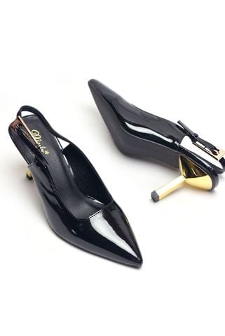 Giày Cao Gót Đi Tiệc Đen Mũi Nhọn Slingback Gót Mạ Vàng Cao 7cm, Giày Cao Gót Big Size Thương Hiệu Merly 1601 Đen Bóng