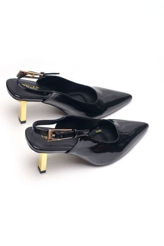 Giày Cao Gót Đi Tiệc Đen Mũi Nhọn Slingback Gót Mạ Vàng Cao 7cm, Giày Cao Gót Big Size Thương Hiệu Merly 1601 Đen Bóng