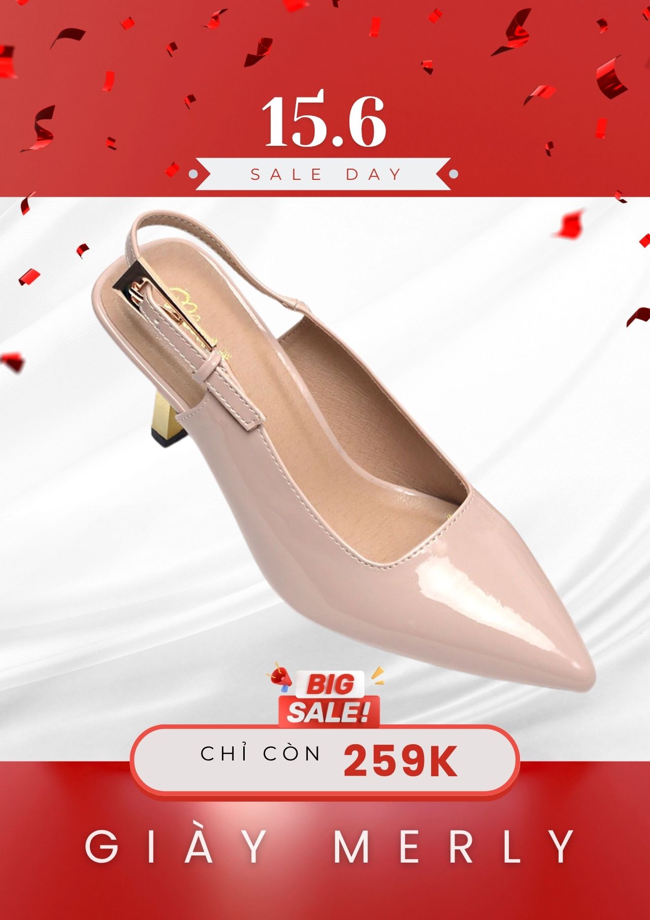Giày Cao Gót Mũi Nhọn Slingback Gót Mạ Vàng Cao 7cm, Giày Bít Mũi Có Quai Hậu Hở Gót, Giày Đi Tiệc, Giày Cao Gót Bigsize, Thương Hiệu Merly 1601 Nude Kem Bóng
