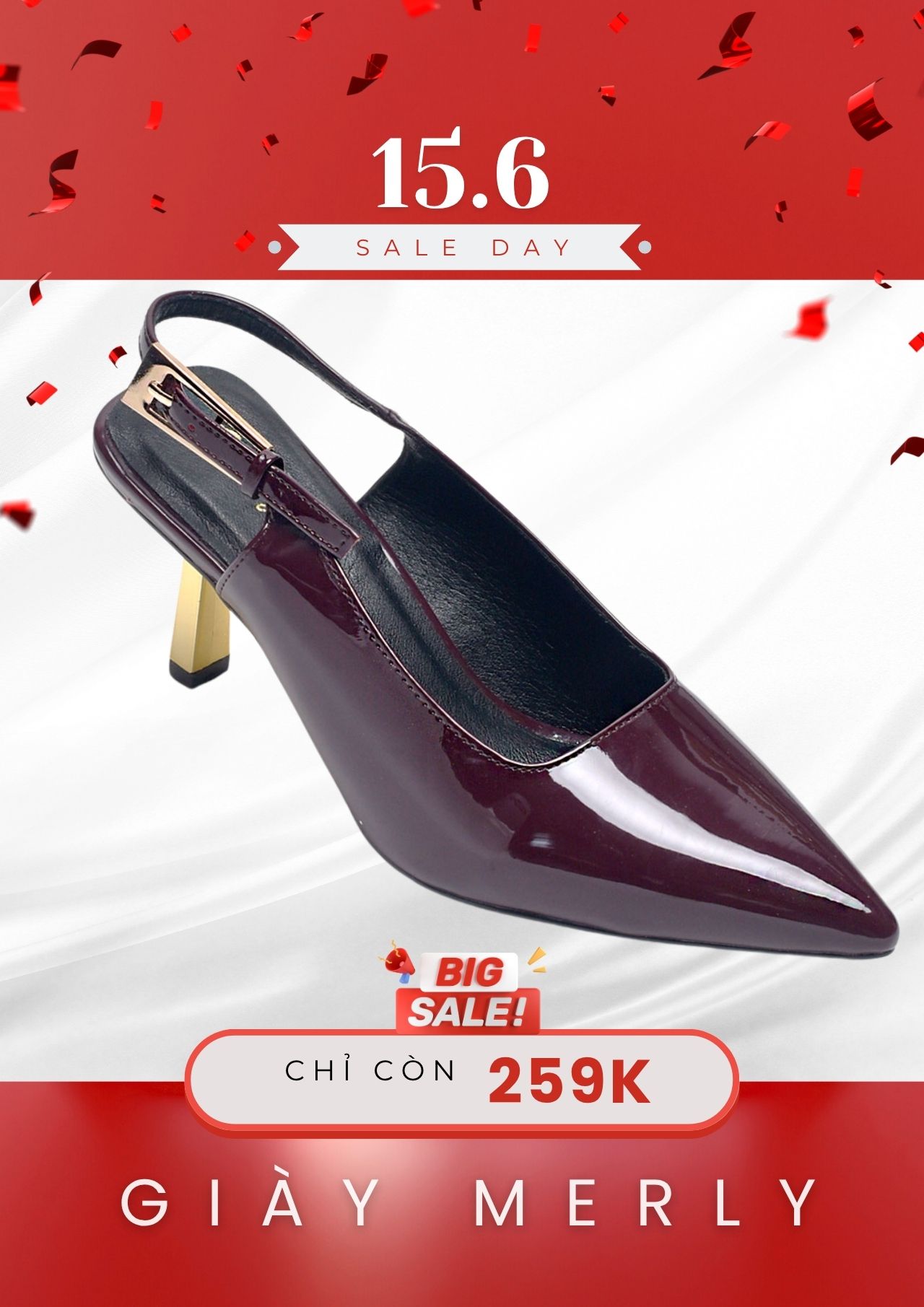 Giày Cao Gót Đỏ Tím Rượu Vang Mũi Nhọn Gót Mạ Vàng Cao 7cm Bít Mũi Hở Gót Slingback, Giày Đi Tiệc, Giày Cao Gót Đỏ, Giày Cao Gót Bigsize, Thương Hiệu Merly 1601 Đỏ Rượu