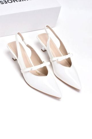 Giày Cao Gót Slingback Mũi Nhọn Trắng Đế Thấp 3cm Quai Ngang Đính Nơ Merly 1602 Trắng Bóng, Giày Cao Gót Big Size, Giày Đi Tiệc, Giày Cưới Cô Dâu