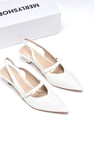 Giày Cao Gót Slingback Mũi Nhọn Trắng Đế Thấp 3cm Quai Ngang Đính Nơ Merly 1602 Trắng Bóng, Giày Cao Gót Big Size, Giày Đi Tiệc, Giày Cưới Cô Dâu