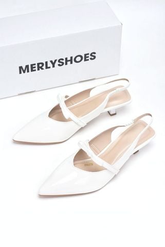 Giày Cao Gót Slingback Mũi Nhọn Trắng Đế Thấp 3cm Quai Ngang Đính Nơ Merly 1602 Trắng Bóng, Giày Cao Gót Big Size, Giày Đi Tiệc, Giày Cưới Cô Dâu