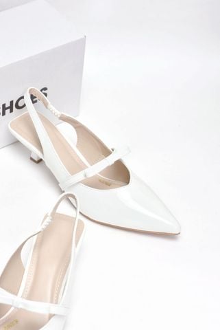 Giày Cao Gót Slingback Mũi Nhọn Trắng Đế Thấp 3cm Quai Ngang Đính Nơ Merly 1602 Trắng Bóng, Giày Cao Gót Big Size, Giày Đi Tiệc, Giày Cưới Cô Dâu