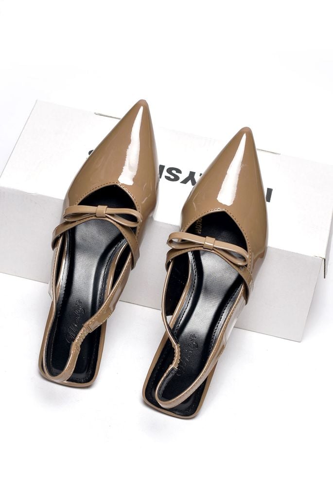 Giày Mũi Nhọn Quai Ngang Nơ Đế Thấp 3cm Merly 1602 Nâu Cà Phê Sữa, Giày Cao Gót Big Size, Giày Cao Gót Slingback Hở Gót, Giày Đế Thấp 3p, Giày Công Sở Nữ Êm Chân