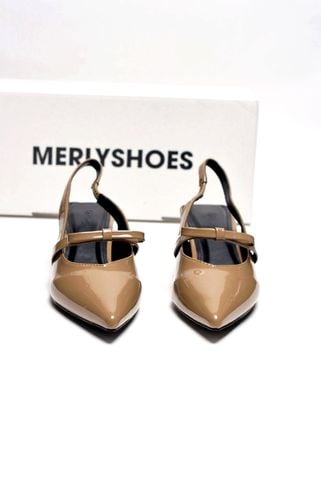 Giày Mũi Nhọn Quai Ngang Nơ Đế Thấp 3cm Merly 1602 Nâu Cà Phê Sữa, Giày Cao Gót Big Size, Giày Cao Gót Slingback Hở Gót, Giày Đế Thấp 3p, Giày Công Sở Nữ Êm Chân