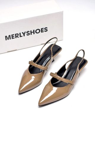 Giày Mũi Nhọn Quai Ngang Nơ Đế Thấp 3cm Merly 1602 Nâu Cà Phê Sữa, Giày Cao Gót Big Size, Giày Cao Gót Slingback Hở Gót, Giày Đế Thấp 3p, Giày Công Sở Nữ Êm Chân