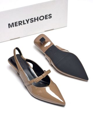 Giày Mũi Nhọn Quai Ngang Nơ Đế Thấp 3cm Merly 1602 Nâu Cà Phê Sữa, Giày Cao Gót Big Size, Giày Cao Gót Slingback Hở Gót, Giày Đế Thấp 3p, Giày Công Sở Nữ Êm Chân