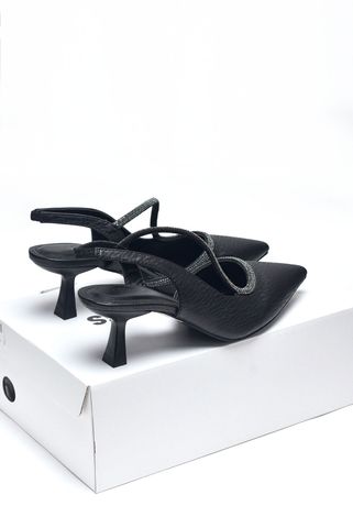 Giày Cao Gót Quai Đính Đá Đi Tiệc Thấp Gót Nhọn 5cm Slingback Hở Gót Mũi Nhọn Thon Chân Merly 1603 Đen Vân Sóng Lấp Lánh Bigsize 35-43, Giày Đi Tiệc, Giày Đi Dự Đám Cưới