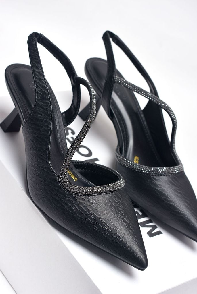 Giày Cao Gót Quai Đính Đá Đi Tiệc Thấp Gót Nhọn 5cm Slingback Hở Gót Mũi Nhọn Thon Chân Merly 1603 Đen Vân Sóng Lấp Lánh Bigsize 35-43, Giày Đi Tiệc, Giày Đi Dự Đám Cưới