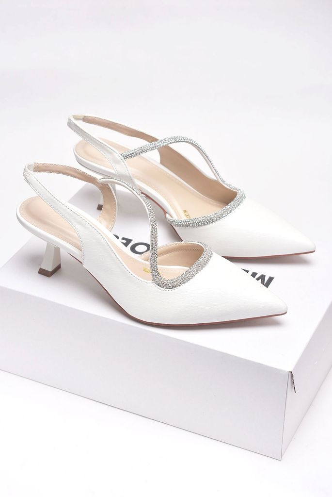 Giày Cao Gót Trắng Quai Đính Đá Thấp 5cm Slingback Hở Gót Mũi Nhọn Merly 1603 Trắng Vân Sóng Bigsize 35-43, Giày Đi Tiệc, Giày Cưới Cô Dâu, Giày Đi Đám Cưới