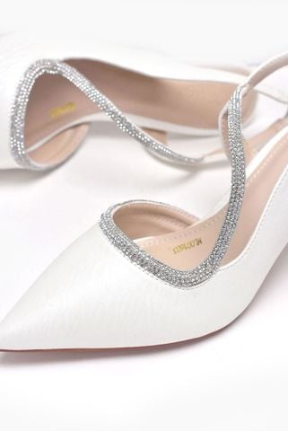 Giày Cao Gót Trắng Quai Đính Đá Thấp 5cm Slingback Hở Gót Mũi Nhọn Merly 1603 Trắng Vân Sóng Bigsize 35-43, Giày Đi Tiệc, Giày Cưới Cô Dâu, Giày Đi Đám Cưới