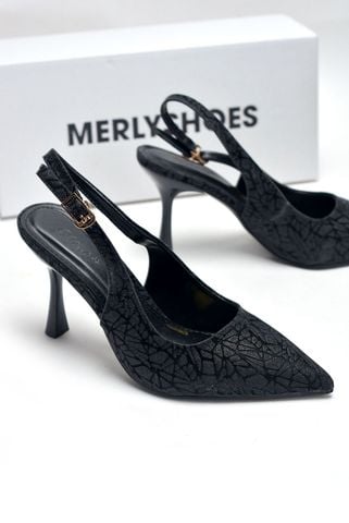 Giày Cao Gót Đen Kim Sa Đi Tiệc Blingbling Mũi Nhọn Sang Trọng Bigsize 35-43 Thương Hiệu Merly 1604 7cm, Giày Cao Gót Slingback, Giày Đi Dự Đám Cưới