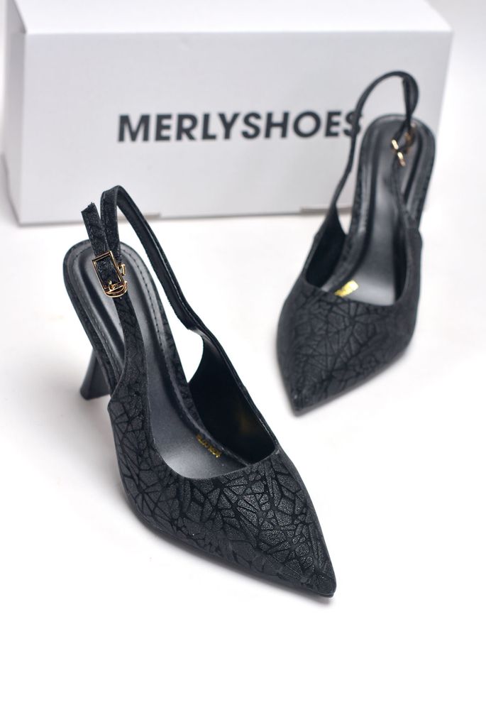Giày Cao Gót Đen Kim Sa Đi Tiệc Blingbling Mũi Nhọn Sang Trọng Bigsize 35-43 Thương Hiệu Merly 1604 7cm, Giày Cao Gót Slingback, Giày Đi Dự Đám Cưới