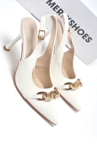 Giày Cao Gót Trắng Mũi Nhọn Khóa Ngang Sang Trọng Slingback Bigsize 35-43 Merly 1604 Trắng Khoá, Giày Công Sở Nữ Phong Cách Thanh Lịch, Giày Đi Tiệc