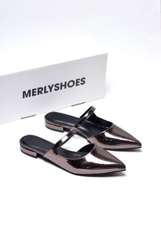 Giày Sục Bệt Mũi Nhọn 1cm Bigsize 35 tới 43 Merly 1605 Chì Tráng Gương Sáng Lấp Lánh, Giày Bệt Nữ, Giày Bít Mũi Hở Gót, Giày Mule