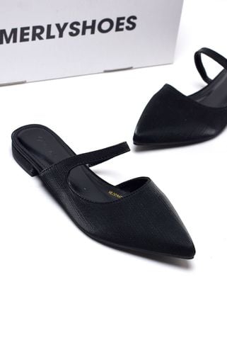 Giày Sục Bệt Mũi Nhọn 1cm Bigsize 35 tới 43 Merly 1605 Đen Vân, Giày Bệt Nữ, Giày Bít Mũi Hở Gót, Giày Mule