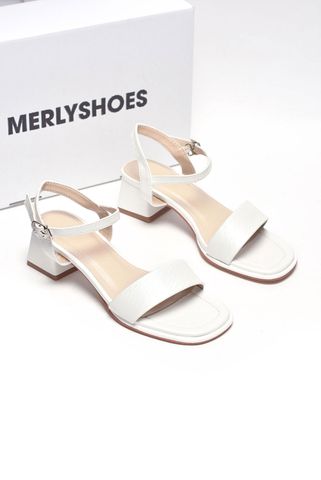 Giày Xăng Đan Quai Ngang Mũi Vuông Đế Thấp 3cm - 4cm Merly 1606 Trắng Vân Sóng Bigsize 35-43, Giày Đi Với Áo Dài, Dép Xăng Đan Nữ Cao Cấp, Sandal Cao Gót Đế Vuông, Sandal Nữ