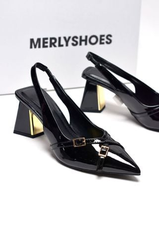 [Restock 35-43] Giày Cao Gót Đen Mũi Nhọn Đế Vuông Cao 6-7cm Merly 1608 Bít Mũi Hở Gót Hai Dây Khóa Tạo Điểm Nhấn, Giày Cao Gót Slingback Bigsize tới 42 43, Giày Đi Tiệc, Giày Công Sở Nữ