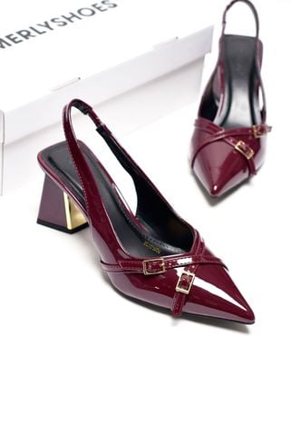 Giày Cao Gót Đế Vuông Cao 6-7cm Merly 1608 Đỏ Rượu Bóng Mũi Nhọn Hở Gót Hai Dây Khóa Tạo Điểm Nhấn, Giày Cao Gót Slingback Bigsize tới 42 43, Giày Cao Gót Đỏ, Giày Đi Tiệc