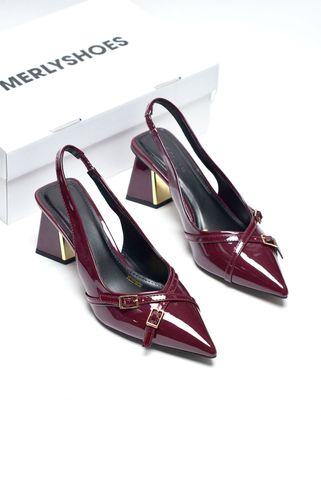 Giày Cao Gót Đế Vuông Cao 6-7cm Merly 1608 Đỏ Rượu Bóng Mũi Nhọn Hở Gót Hai Dây Khóa Tạo Điểm Nhấn, Giày Cao Gót Slingback Bigsize tới 42 43, Giày Cao Gót Đỏ, Giày Đi Tiệc