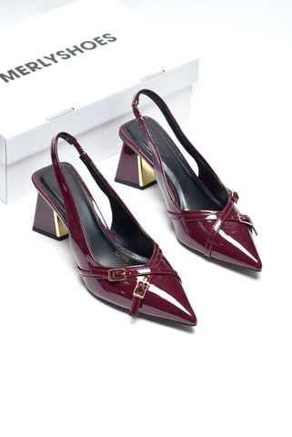 Giày Cao Gót Đế Vuông Slingback 5cm 7cm Màu Đỏ Rượu Big Size