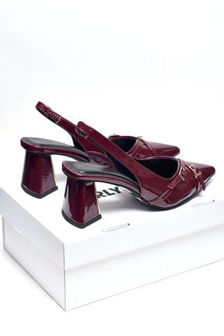 Giày Cao Gót Đế Vuông Cao 6-7cm Merly 1608 Đỏ Rượu Bóng Mũi Nhọn Hở Gót Hai Dây Khóa Tạo Điểm Nhấn, Giày Cao Gót Slingback Bigsize tới 42 43, Giày Cao Gót Đỏ, Giày Đi Tiệc