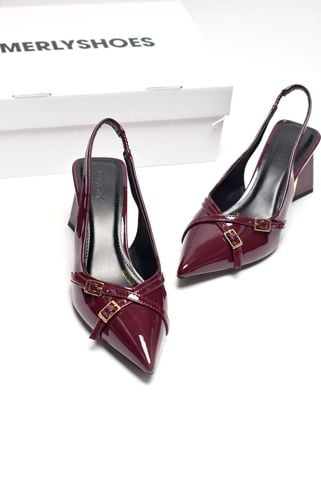 Giày Cao Gót Đế Vuông Cao 6-7cm Merly 1608 Đỏ Rượu Bóng Mũi Nhọn Hở Gót Hai Dây Khóa Tạo Điểm Nhấn, Giày Cao Gót Slingback Bigsize tới 42 43, Giày Cao Gót Đỏ, Giày Đi Tiệc