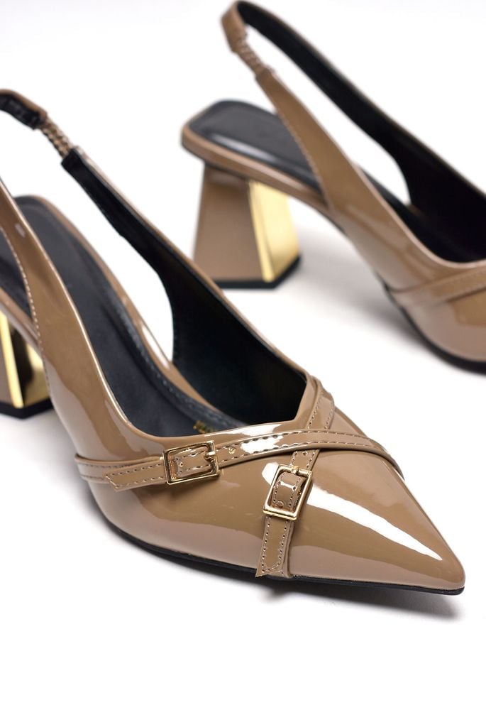 Giày Cao Gót Đế Vuông 6cm Merly 1608 Nâu Cà Phê Bóng Mũi Nhọn Hở Gót Hai Dây Khóa, Giày Cao Gót Slingback Bigsize tới 42 43, Giày Công Sở Nữ, Giày Màu Be