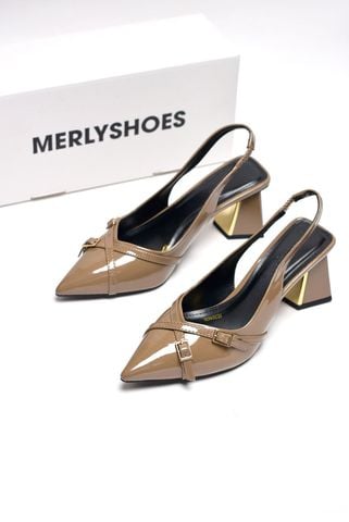 Giày Cao Gót Đế Vuông 6cm Merly 1608 Nâu Cà Phê Bóng Mũi Nhọn Hở Gót Hai Dây Khóa, Giày Cao Gót Slingback Bigsize tới 42 43, Giày Công Sở Nữ, Giày Màu Be