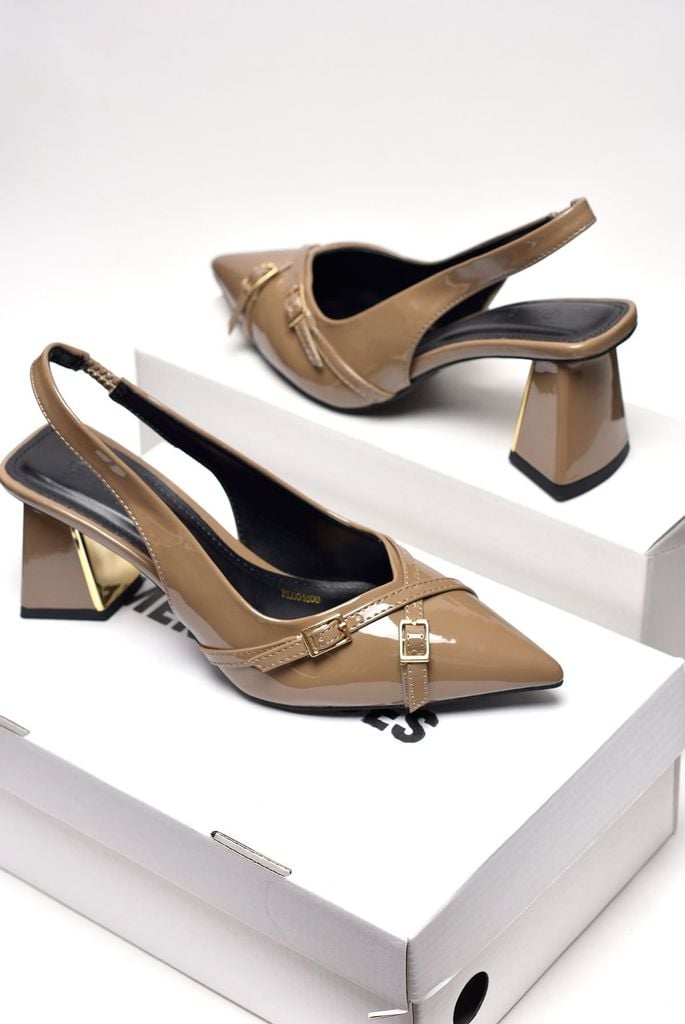 Giày Cao Gót Đế Vuông 6cm Merly 1608 Nâu Cà Phê Bóng Mũi Nhọn Hở Gót Hai Dây Khóa, Giày Cao Gót Slingback Bigsize tới 42 43, Giày Công Sở Nữ, Giày Màu Be