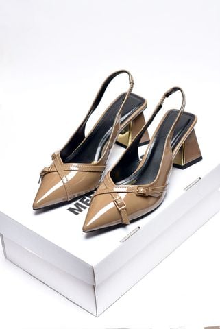 Giày Cao Gót Đế Vuông 6cm Merly 1608 Nâu Cà Phê Bóng Mũi Nhọn Hở Gót Hai Dây Khóa, Giày Cao Gót Slingback Bigsize tới 42 43, Giày Công Sở Nữ, Giày Màu Be