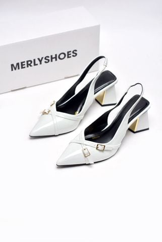 Giày Cao Gót Đế Vuông Trắng Mũi Nhọn Cao 6-7cm Merly 1608 Bít Mũi Hở Gót Hai Dây Khóa Tạo Điểm Nhấn, Giày Cao Gót Slingback Bigsize tới 42 43, Giày Công Sở Nữ, Giày Đi Tiệc