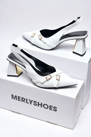 Giày Cao Gót Đế Vuông Trắng Mũi Nhọn Cao 6-7cm Merly 1608 Bít Mũi Hở Gót Hai Dây Khóa Tạo Điểm Nhấn, Giày Cao Gót Slingback Bigsize tới 42 43, Giày Công Sở Nữ, Giày Đi Tiệc