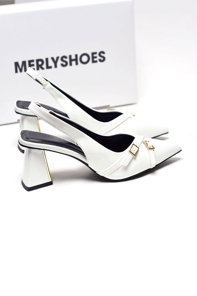 Giày Cao Gót Đế Vuông Trắng Mũi Nhọn Cao 6-7cm Merly 1608 Bít Mũi Hở Gót Hai Dây Khóa Tạo Điểm Nhấn, Giày Cao Gót Slingback Bigsize tới 42 43, Giày Công Sở Nữ, Giày Đi Tiệc