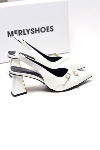 Giày Cao Gót Đế Vuông Trắng Mũi Nhọn Hai Khóa Chéo Trang Trí