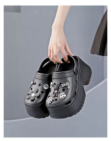 Dép Sục Nữ Đế Bánh Mì 7cm Tăng Chiều Cao Dễ Thương Nhựa Eva 1609N Trắng/Đen Size 36-41, Dép Crocs Gắn Charm Dễ Thương, Chống Trượt, Nhẹ Êm
