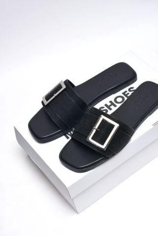 Dép Nữ Quai Ngang Bệt Mũi Vuông Đính  Khóa Da Mềm Chống Xước Bigsize 35-43 Merly 1624 Đen Vân