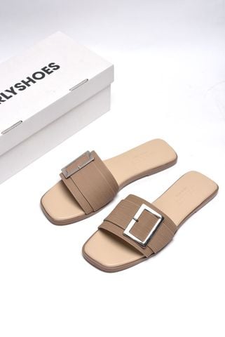 [35-43 Form To] Dép Nữ Quai Ngang Bệt Mũi Vuông Đính Khoá Gọn Chân Da Mềm Chống Xước Merly 1624 Nâu Vân, Dép Nữ Big Size