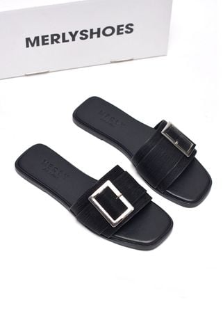 [35-43 Form To] Dép Nữ Quai Ngang Bệt Mũi Vuông Đính Khóa Da Mềm Merly 1624 Đen Vân, Dép Nữ Size Lớn 40 41 42 43