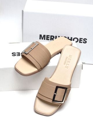 [35-43 Form To] Dép Nữ Quai Ngang Bệt Mũi Vuông Đính Khoá Gọn Chân Da Mềm Chống Xước Merly 1624 Nâu Vân, Dép Nữ Big Size