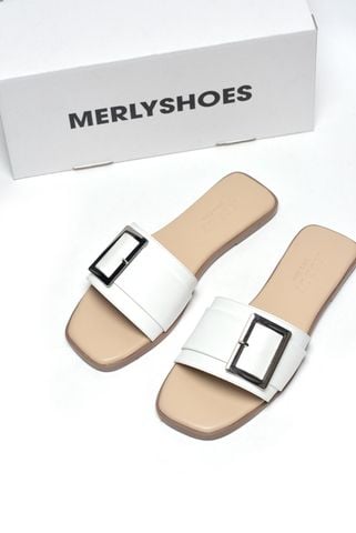 [35-43 Form To] Dép Nữ Trắng Quai Ngang Bệt Mũi Vuông Đính Khoá Da Mềm Merly 1624 Trắng Mờ, Dép Nữ Big Size