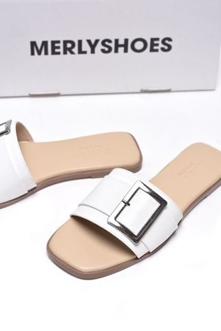 Dép Nữ Quai Ngang Trắng Cao Cấp Đính Khóa