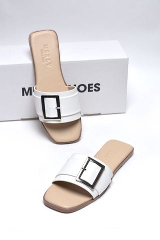 [35-43 Form To] Dép Nữ Trắng Quai Ngang Bệt Mũi Vuông Đính Khoá Da Mềm Merly 1624 Trắng Mờ, Dép Nữ Big Size