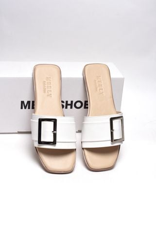 [35-43 Form To] Dép Nữ Trắng Quai Ngang Bệt Mũi Vuông Đính Khoá Da Mềm Merly 1624 Trắng Mờ, Dép Nữ Big Size