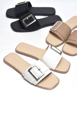 [35-43 Form To] Dép Nữ Trắng Quai Ngang Bệt Mũi Vuông Đính Khoá Da Mềm Merly 1624 Trắng Mờ, Dép Nữ Big Size