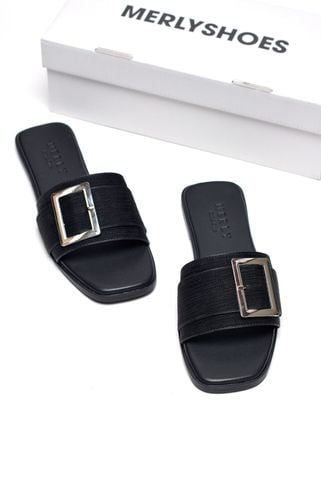 [35-43 Form To] Dép Nữ Quai Ngang Bệt Mũi Vuông Đính Khóa Da Mềm Merly 1624 Đen Vân, Dép Nữ Size Lớn 40 41 42 43