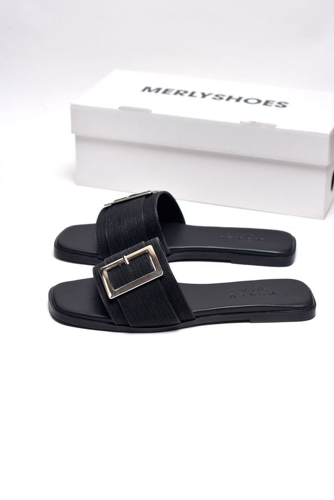 [35-43 Form To] Dép Nữ Quai Ngang Bệt Mũi Vuông Đính Khóa Da Mềm Merly 1624 Đen Vân, Dép Nữ Size Lớn 40 41 42 43